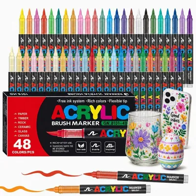 Produktbild von Acrylstifte Set 48 Farben mit Pinselspitze, wasserfest, für Stein, Glas, Stoff, Holz, Keramik
