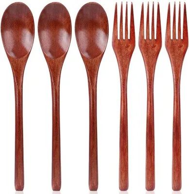 Produktbild von Holzlöffel 22,5 cm - Holzgabel 22,5 cm - Set mit 6 Stück - Wiederverwendbares Besteck - Nachhaltiges Holz - Ideal zum Kochen und Servieren