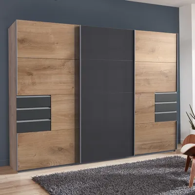 Produktbild von Schwebetürenschrank 3-türig 270cm, Eiche und graphit mit grauem Glas, STRATFORD-43