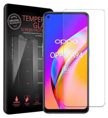 A product packaging for a screen protector for an Oppo A94 phone is shown next to the phone itself.