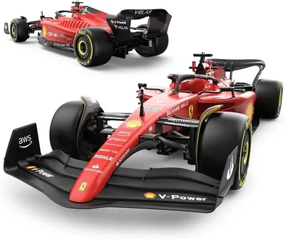 Two red Formula 1 race cars are shown against a white background. One car is in the foreground, and the other is in the background.