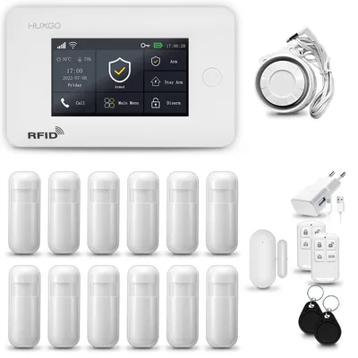 Immagine prodotto di HUXGO HXA006 Sistema di allarme per la casa, WiFi + GSM 4G, con sirena. Sistema di allarme con 12 sensori di movimento e 1 sensore per porte e finestre. Sistema di allarme per appartamenti e case