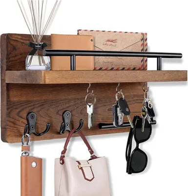 Immagine prodotto di SensaHome - Portachiavi con 7 ganci, ripiano e asta appendiabiti - con ganci a muro - appendiabiti a muro dal design sospeso - rustico - classico - in legno