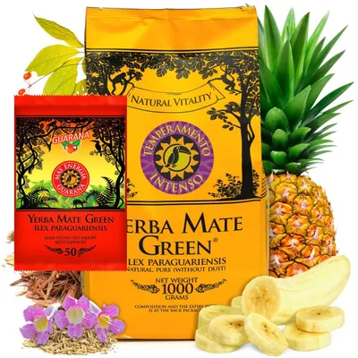 Produktbild von Yerba Mate-Tee Mate Green Temperamento Intense 1kg - Brasilien pflanzlich Mate Tee -Matetee aus Mateblättern - Yebra Mate-Tee mit Guarana 50g