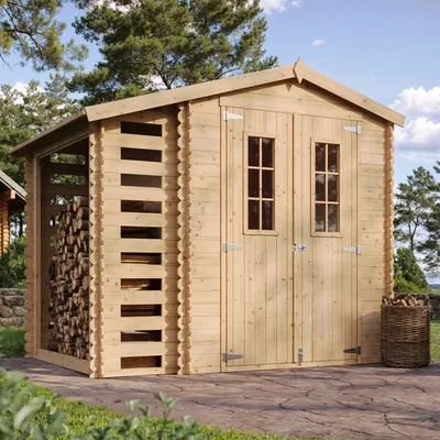 Produktbild von Gartenhaus mit Brennholzregal aus Holz 4,47 m2 - Gartenschuppen Holz MIT IMPRÄGNIERTEM BODEN – B206xL272xH218 cm - Geräteschuppen - wasserfestes Dach – TIMBELA M386C+M386G