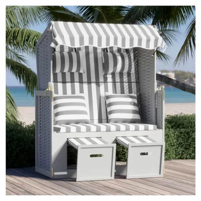 Produktbild von Strandkorb mit Kissen aus Poly Rattan und Massivholz in Grau und Weiß