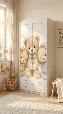 Produktbild von 2-türiger Kinderzimmer Kleiderschrank Weiß mit buntem Motiv, Babyzimmer Schrank inkl. Schubladen, 88x187x54 cm
