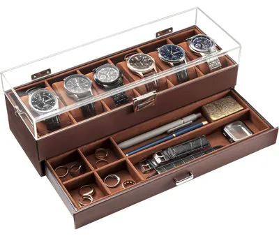 Obrázek produktu pro Elegantní krabička na hodinky s 6 přihrádkami a průhledným víkem