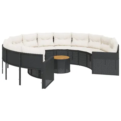 Produktbild von vidaXL Gartensofa mit Tisch und Kissen Rund Schwarz Poly-Rattan
