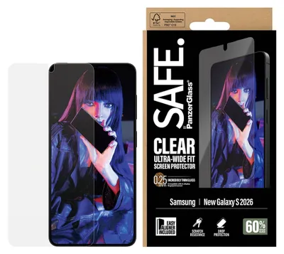 Produktbild von PanzerGlass SAFE. by ® Displayschutz Samsung Galaxy S26 | Ultra-Wide Fit m. EasyAligner, Samsung, Samsung - Galaxy S26, Trockene Anwendung, Kratzresistent, Schockresistent, Transparent, 1 Stück(e)