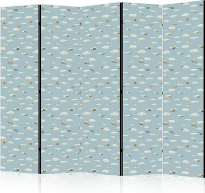 Produktbild von 5-teiliger Doppelseitiger Vlies Paravent - Illustration - Yellow-Blue Airplanes Against a Blue Sky 225x172 cm Für Kinder i-H-10002-z-b