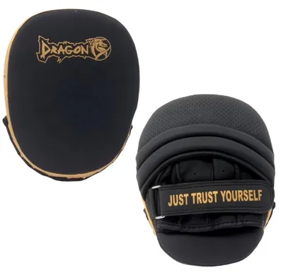 Productafbeelding van DragonDo 40224-P Professionele Rayong pads, set van twee (paar), geel/zwart. Stootdempende, gebogen beschermers voor boksen, kickboksen en MMA. Gemaakt van hoogwaardig Polyurethanleer met een contrasterend doelwit