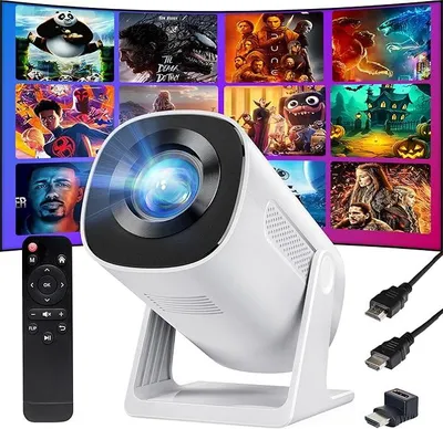 A white projector is shown in the foreground, with a screen displaying multiple movie posters in the background. A remote control and HDMI cables are also visible.