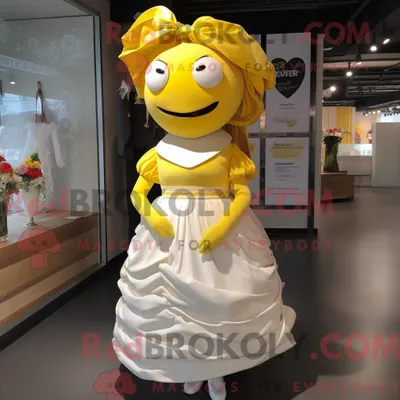 Productafbeelding van Mascottekarakter REDBROKOLY van een gele liefdesbrief gekleed met een trouwjurk en hoofdbanden