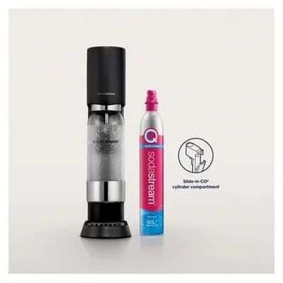 A SodaStream water carbonator and a CO2 cylinder are displayed against a plain background.
