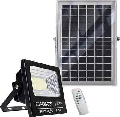 Produktbild von Avizar, LED-Solarstrahler 200W IP67 mit Solarpanel und Fernbedienung, Schwarz transparent