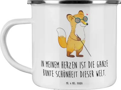 Produktbild von Mr. & Mrs. Panda Emaille Tasse Fuchs Blindheit - Weiß - Geschenk, Teetasse, Pott, Kaffeepott, Erblindung, wanderbecher, Becher