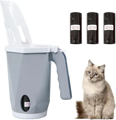 Produktbild von Katzenstreu-Schaufel Mit Halterung Und Abfallbehälter 15 Rollen Streusäcke Grau