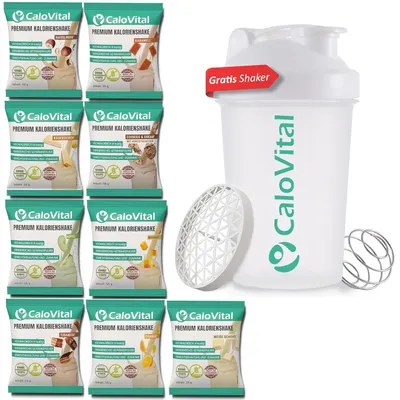Produktbild von CaloVital Hochkalorische Trinknahrung für gezielte Gewichtszunahme [PROBIERPAKET INKL. GRATIS SHAKER] 9er Set Mix je 50 g Pulver