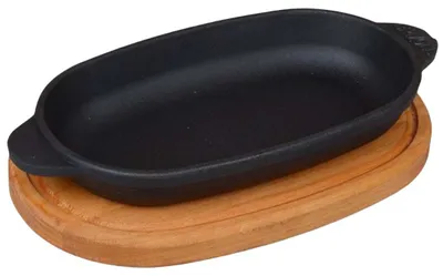 Produktbild von Ovale Servierpfanne aus Gusseisen mit Holzablage