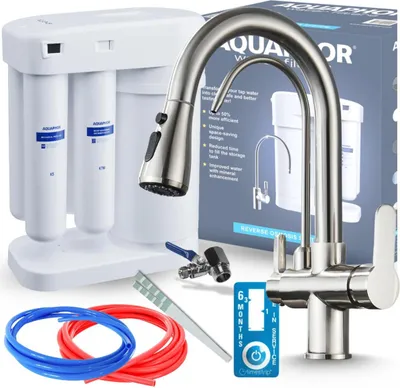Produktbild von Wasserfilter Set Morion mit 3-Wege Küchenarmatur Nordic INOX, Umkehrosmose, ausziehbare Brause, 360° schwenkbar