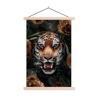 Produktbild von MuchoWow® Textilposter Tiger - Blumen - Braun 120x180 cm mit holzfarbenen Rahmen - Textil-Plakat