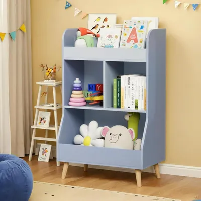 Immagine prodotto di Scaffale per bambini, 94x62x34 cm, 3 ripiani, colore blu, realizzato in MDF e legno di pino