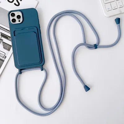 Produktbild von Mobigear Lanyard Card iPhone 15 Pro Silikon Handykette mit Kartenhalter - Dunkelblau