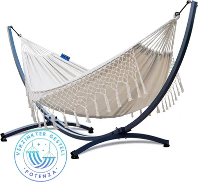 Produktbild von Potenza Outdoor Hängematte mit Verzinkter Gestell für 2 Personen I Baumwolle Doppelhängematte XXL 220x160, 200kg I Hängemattengestell 220kg, wetterfest