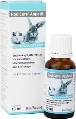 A product shot of a box and a bottle of Alfavet RodiCare Appetit for small animals.