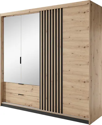 Produktbild von Schlafzimmer Kleiderschrank mit 220 cm Breite in Eiche mit Anthrazit, Lamellen, Spiegeltüren, Schiebetür - TALCA-167