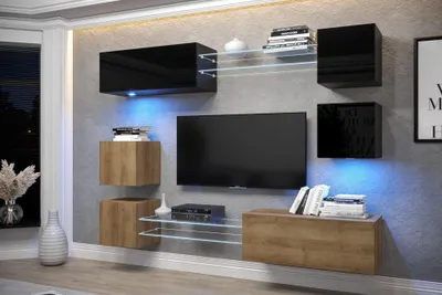 Produktbild von Furnitech Wohnwand Wohnzimmer - Wohnzimmer Möbel mit LED Weiß - Hängend Wohnwand Modern - Regale und TV Schrank (AN65N-21BDZ-HGM10)