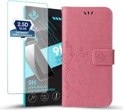Produktbild von Handyhülle für Samsung Galaxy S24 FE mit 9H Displayglas Floral Blumen Schmetterling Flip Cover Hülle Case Klapphülle Handytasche Farbe: Rosegold