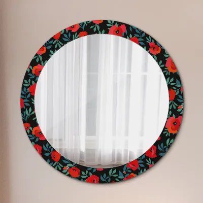 Produktbild von Ø80cm Spiegel - Glasrahmen mit Aufdruck - Wandspiegel Schlafzimmer - rot Mohn