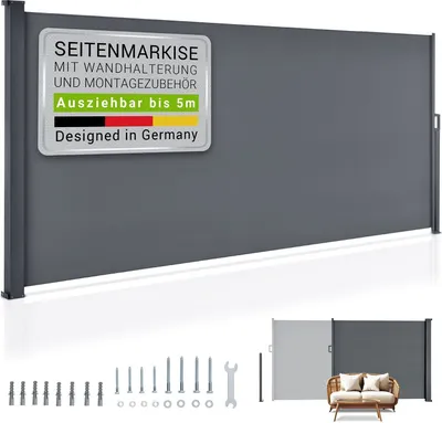 Produktbild von Juskys Seitenmarkise Dubai 500 x 200 cm ausziehbar blickdicht, Sichtschutz für Balkon & Terrasse, Seitenrollo Wandhalterung - anthrazit