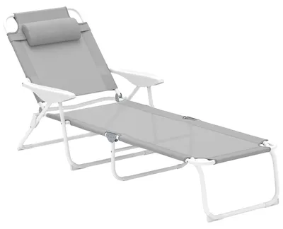 Produktbild von Sonnenliege klappbar Gartenliege mit Kopfkissen, Liegestuhl mit 4-Fach verstellbare Rückenlehne bis 120 kg Hellgrau