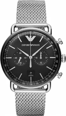 A close-up studio shot of an Emporio Armani chronograph men's watch with a black dial and a silver mesh strap.