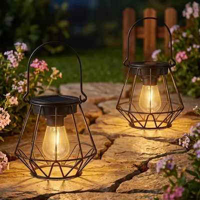 Obrázek produktu pro Solární lucerna závěsná - IP65 vodotěsná - S LED žárovkou - 2 ks - Na zahradu a terasu