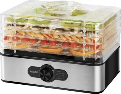 Obrázok produktu pre SENCOR SFD 950SS Sušička potravín, nastaviteľná teplota 35-70 °C, výška sušiaceho podnosu 16/29 mm, 5 odolných podnosov, sitá a veko vhodné do umývačky riadu, príkon 240 W