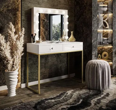 Produktbild von Schminktisch BLANCO GOLD mit Spiegel und LED-Beleuchtung,  Kristallgriff