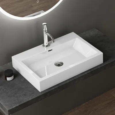Immagine prodotto di doporro Lavabo da Appoggio Rettangolare, Lavabo Bagno Sospeso con Foro Rubinetto e Troppopieno, Lavandino in Marmo Resina Bianco Lucido 60x42x10cm, Colossum06