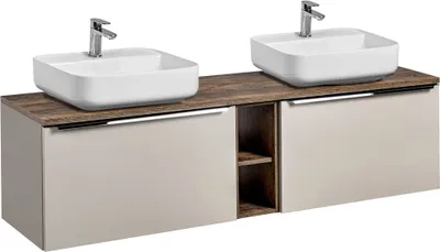 Produktbild von Doppelwaschtisch-Unterschrank 180cm, taupe mit Vintage Oak, PUEBLA-56-TAUPE, 2 Keramik-Waschbecken, B/H/T ca.: 180,4/62,5/46 cm