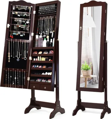 Image de Armoire à bijoux avec 14 lumières LED et miroir pleine longueur, étagère à bijoux, armoire à miroir marron