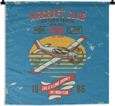 Produktbild von MuchoWow® Wandteppich Wandbehang Mancave - Flugzeug - Blau - Vintage 60x60 cm Tapisserie Dekoration Wandtuch - Dekorationen - Wand Decke
