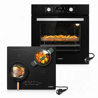 Produktbild von KB ELEMENTS Herdset Autark Kratzfestes Induktionskochfeld mit Flexzone + Einbaubackofen 60 cm, Air Fry, Steam Clean, Heißluft, Schuko-Stecker, A+