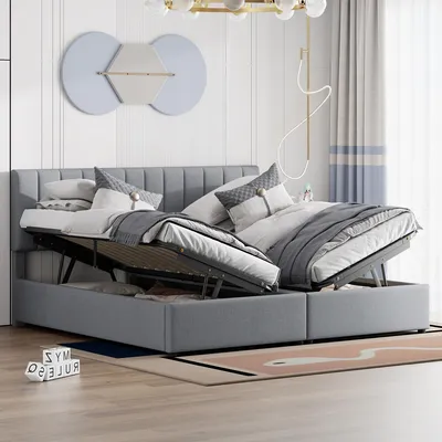 Image de OKWISH Lit Coffre 180x200 cm Double avec Rangement Hydraulique et Sommier, Lit Capitonné en Lin Gris - Sans Matelas