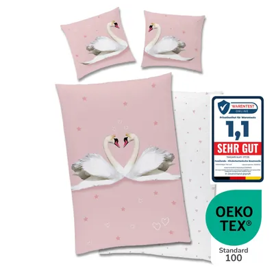 Produktbild von Schwan Bettwäsche Set 2-teilig 135x200 80x80 cm - Partner Bettwäsche aus 100% Baumwolle mit Reißverschluss - Pastell, Rosa,