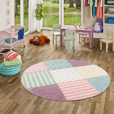 Produktbild von Kinder Teppich Maui Kids Pastel Bunt Karo Sterne Rund, Größe:160 cm Rund