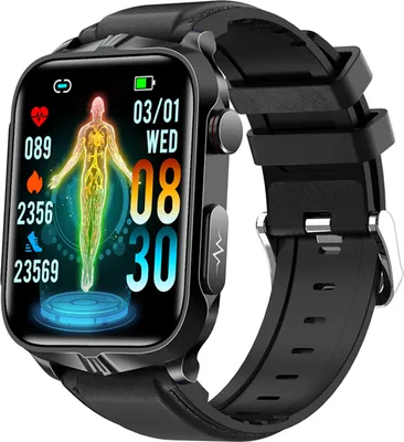 A close-up, angled view of a black smartwatch with a black strap, displaying health metrics and the date on its screen.