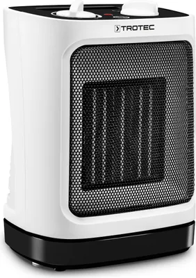 A white and black ceramic fan heater is shown from a front-side angle against a white background.